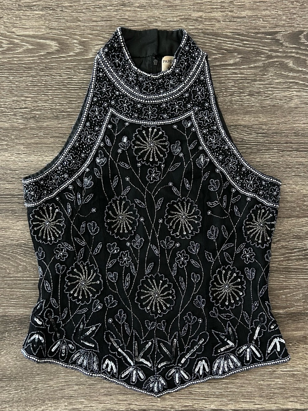 Vtg Papell Boutique Evening Silk Beaded Floral Halter Top S Formal Black Silver